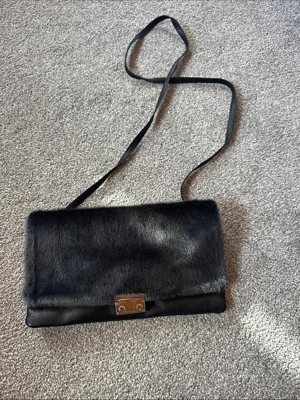 Specialty Norwegian Brand -Elegant Black Seal Fur Crossbody Bag with Metal Clasp
